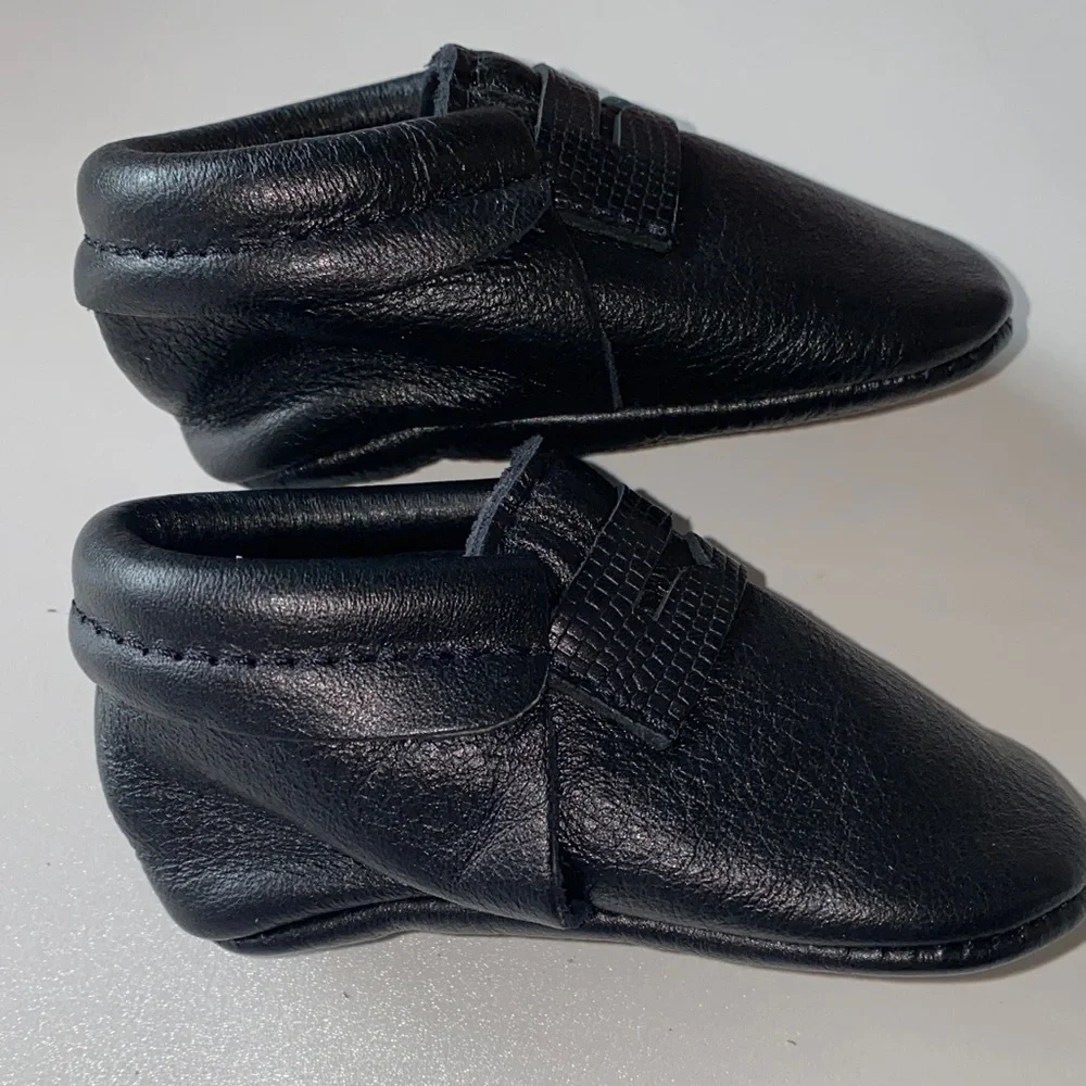 Freshly Picked Midnight Black Baby Leather Penny Loafers. Size 2